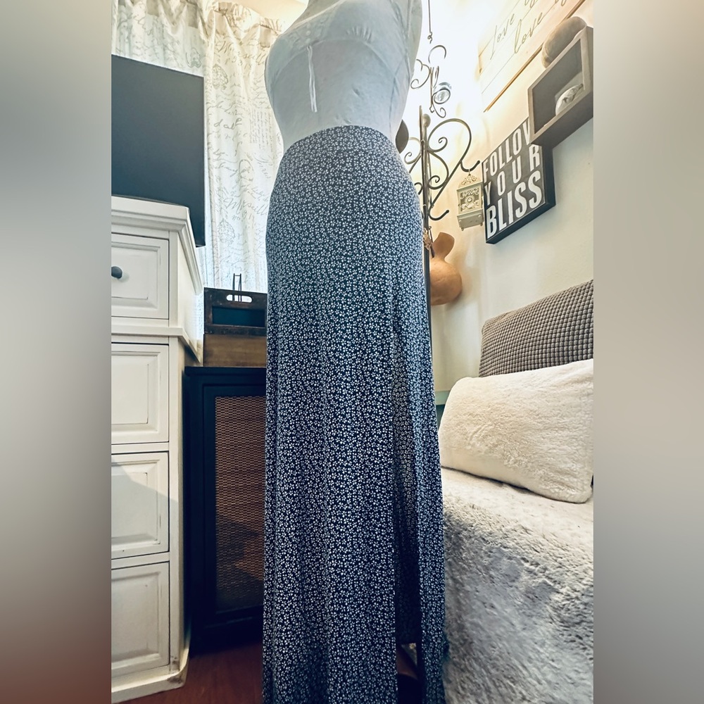 Brandy Melville Navy Floral A-Line Skirt with a Slit